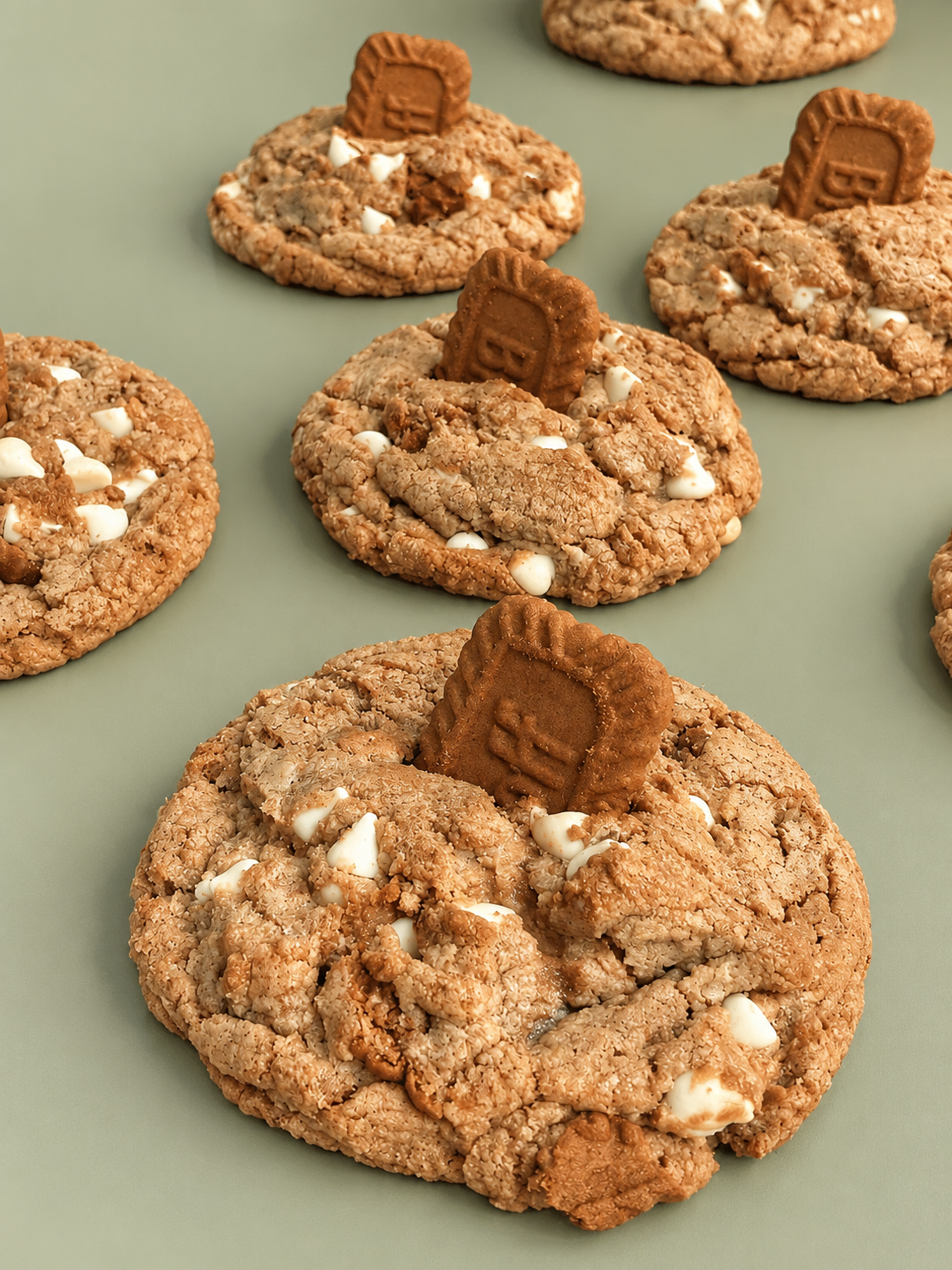 White chocolate Biscoff cookies topped with a Biscoff biscuit