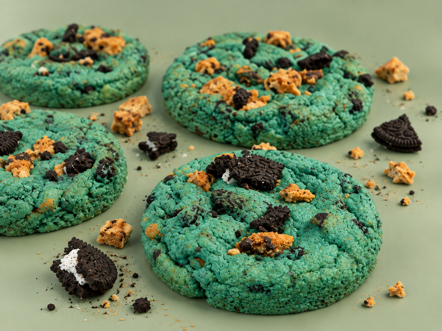 Bright blue Cookie Monster cookies with chocolate cookie chunks