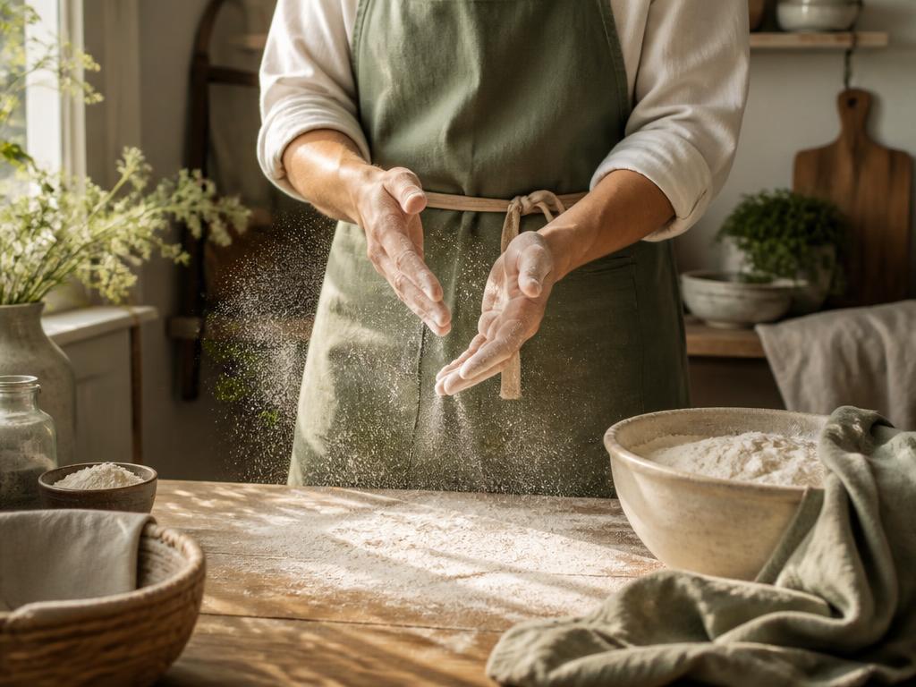 Hands dusting flour over a wooden counter in a rustic home bakery
